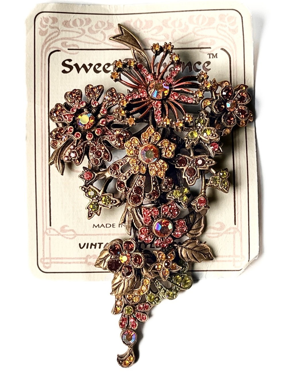 Huge Sweet Romance Floral Cluster Rhinestone Brooch Pin Vintage 90’s